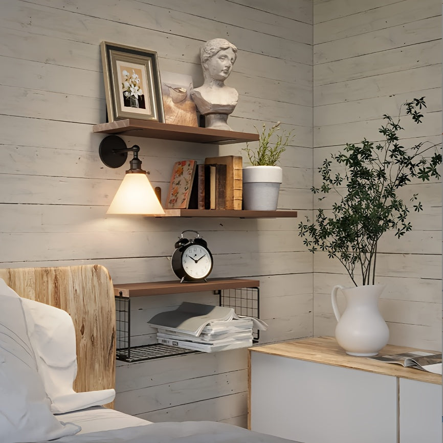 3pcs/set Wooden Floating Storage Rack, Wall-mounted Bathroom Partition Storage Shelves with Tissue Basket, Toilet Paper Iron Storage Basket, Home Organization and Storage Supplies, Bathroom Accessories