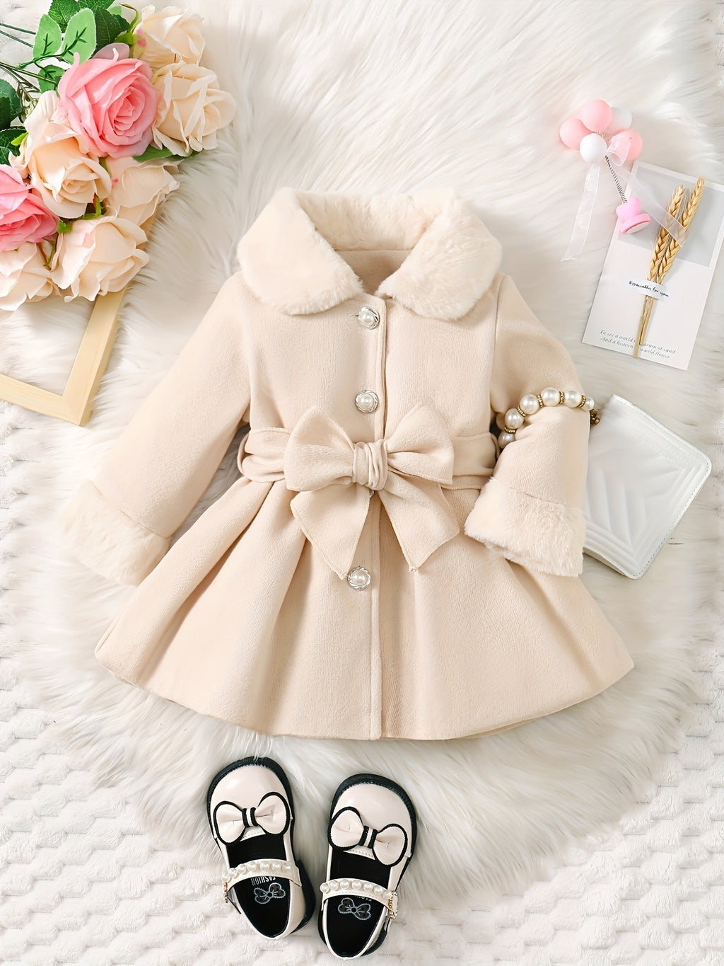 Baby's Elegant Fuzzy Collar Belted Coat, Button Front Warm Overcoat, Baby Girl's Clothing For Fall Winter Outdoor