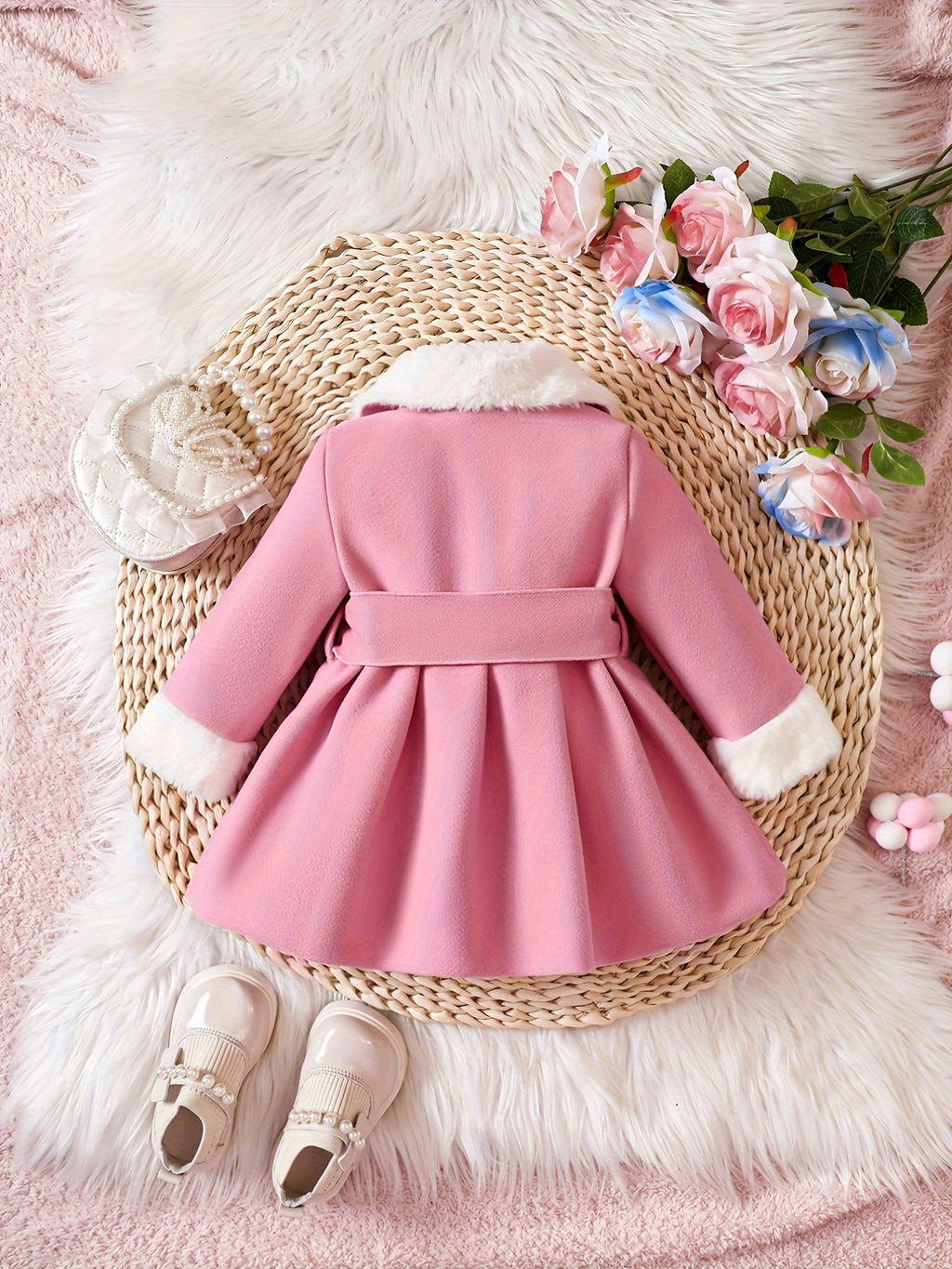 Baby's Elegant Fuzzy Collar Belted Coat, Button Front Warm Overcoat, Baby Girl's Clothing For Fall Winter Outdoor
