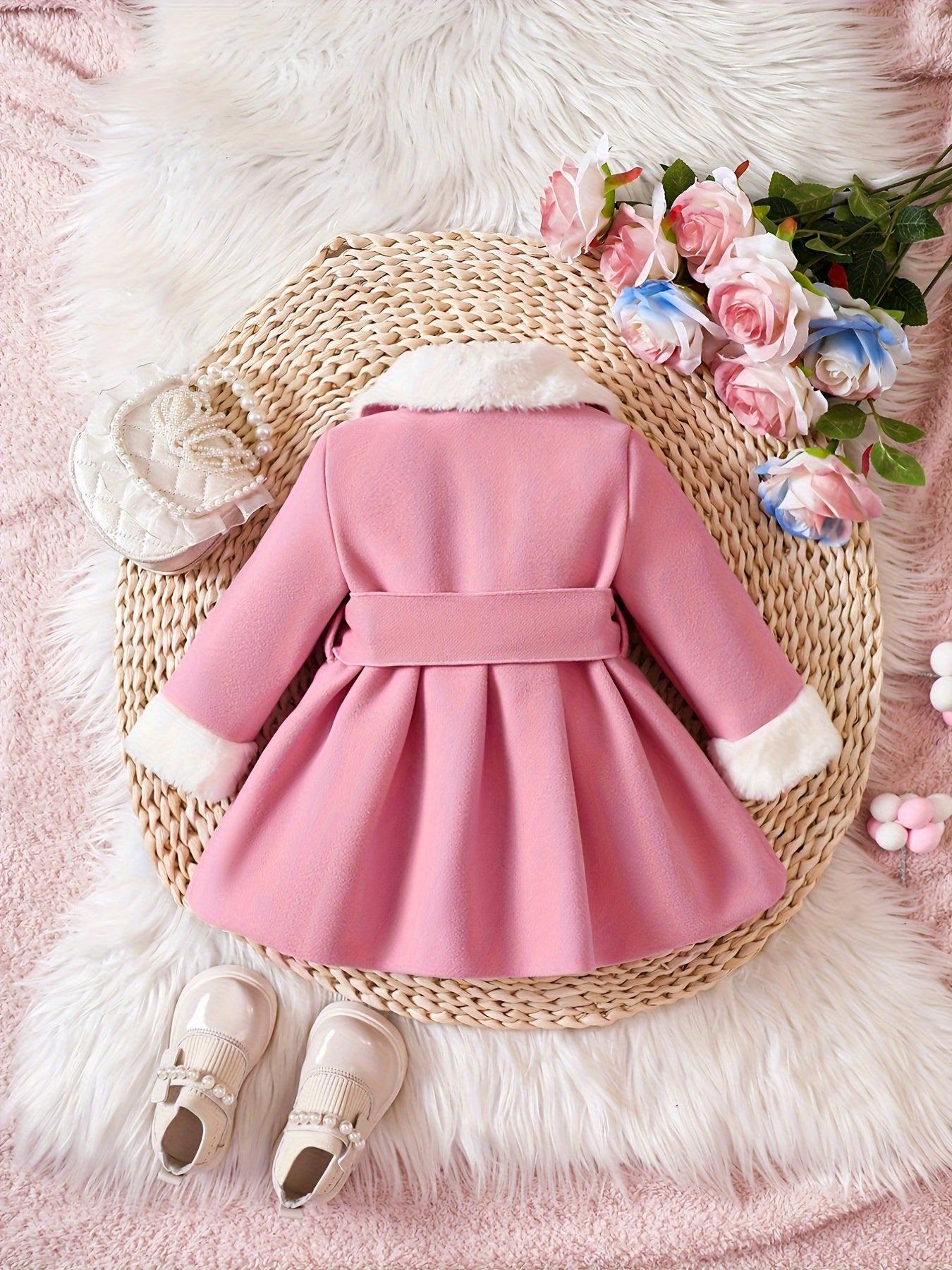 Baby's Elegant Fuzzy Collar Belted Coat, Button Front Warm Overcoat, Baby Girl's Clothing For Fall Winter Outdoor
