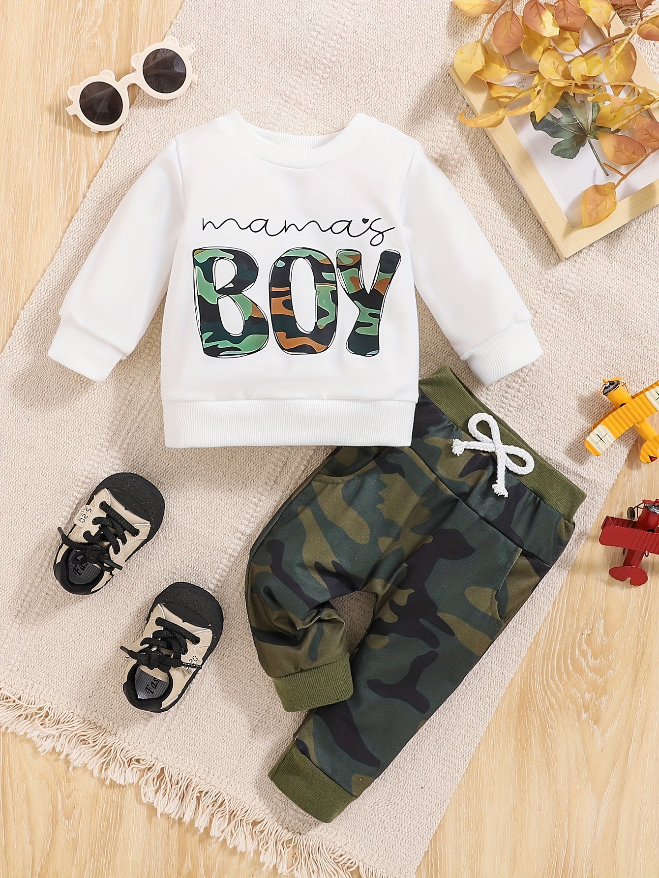 Toddler Baby Boy MAMA'S BOY Letter Print Sweatshirt Top Elastic Waist Sweatpants Outdoor Set, Outdoor Cloth