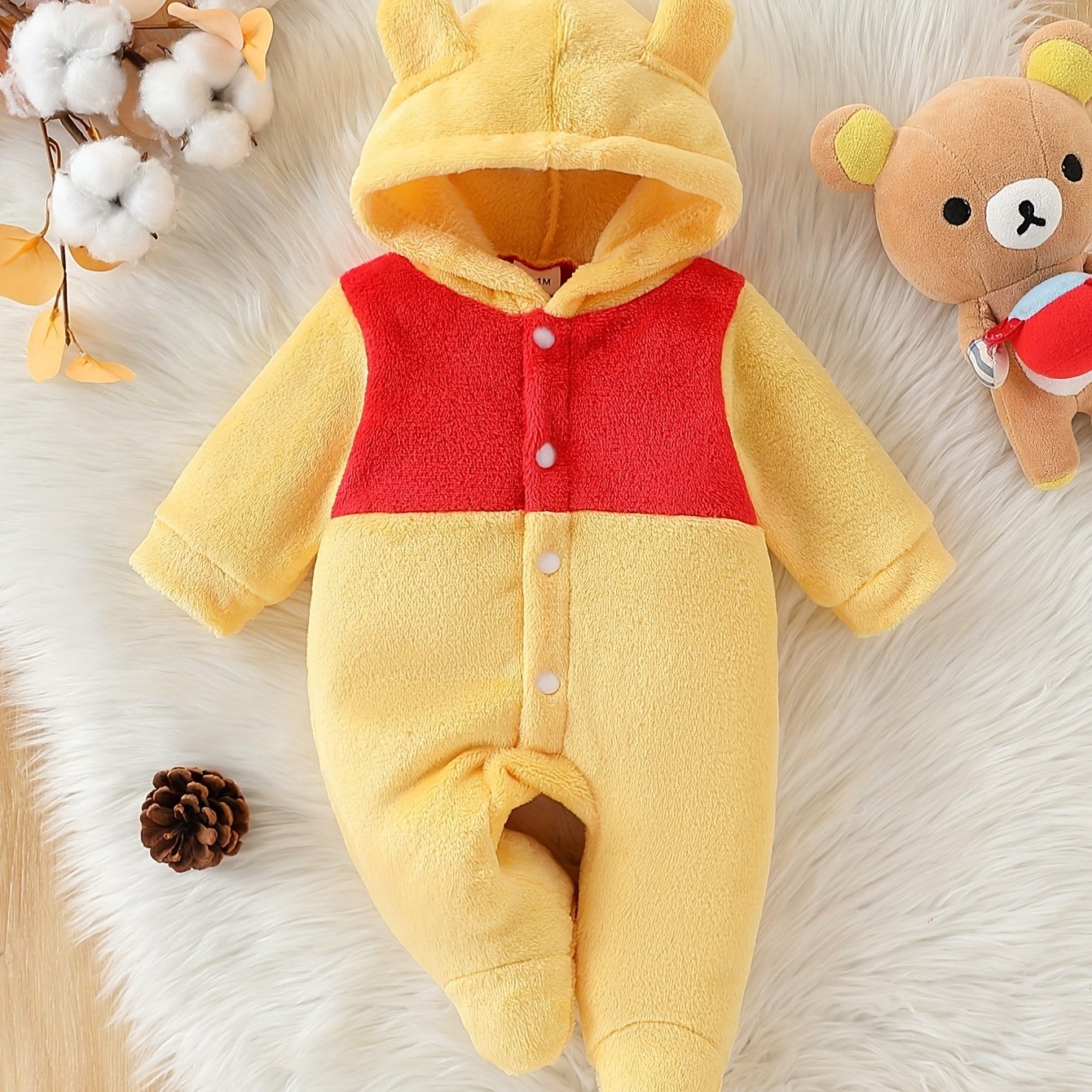 Autumn and Winter Cute Cartoon Themed Warm Plush Hooded Footed Romper for Baby Boys and Girls, Soft, Thickened, Warm and Comfortable, Daily Essential, Gift Box, Perfect for Outdoor, Winter Baby Clothes, Outdoor Baby Wear, Sof