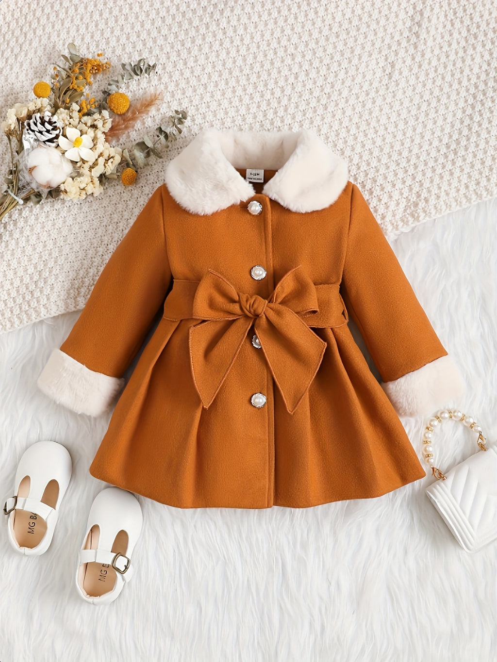 Baby's Elegant Fuzzy Collar Belted Coat, Button Front Warm Overcoat, Baby Girl's Clothing For Fall Winter Outdoor