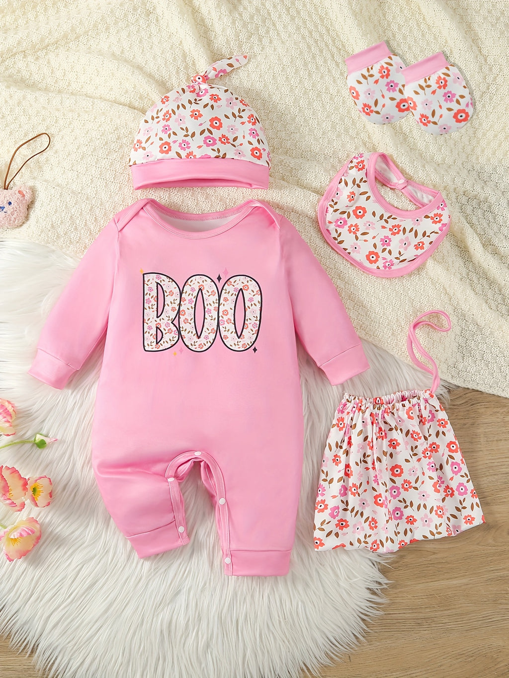Baby Girl 6pcs Set with Cartoon Cute Letter Pink Clothes Leopard Print Bodysuit, Matching Hat, Pacifier, and Socks, Casual Jumpsuit, Adorable Pink Letter Leopard Pattern, Perfect for Fall/Winter, Baby Girl Clothes, Baby Girl