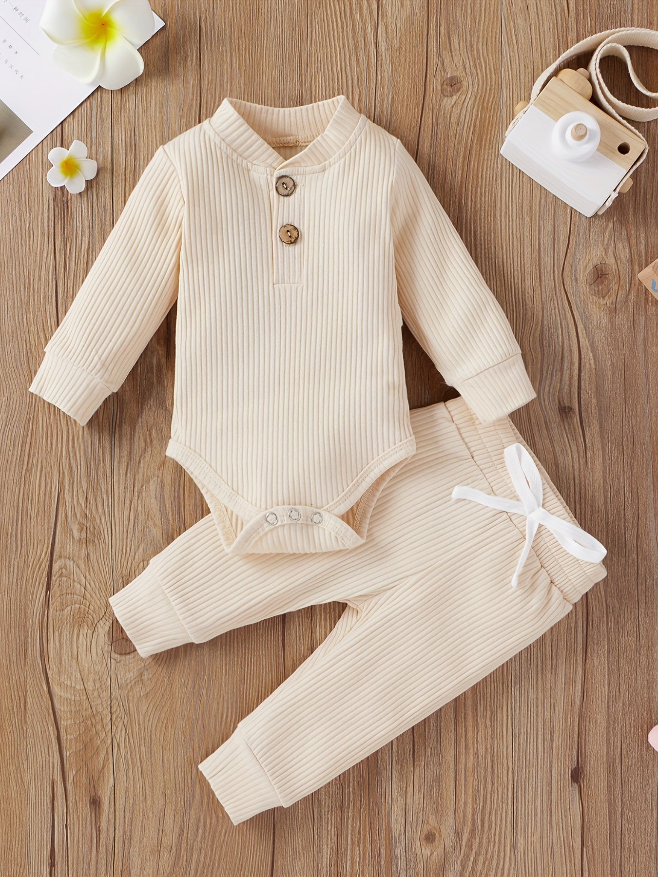 2pcs Baby Infant Boys And Girls Casual Plain Color Long Sleeve Onesie & Pants Set Clothes For Your Little One, Outdoor Cloth