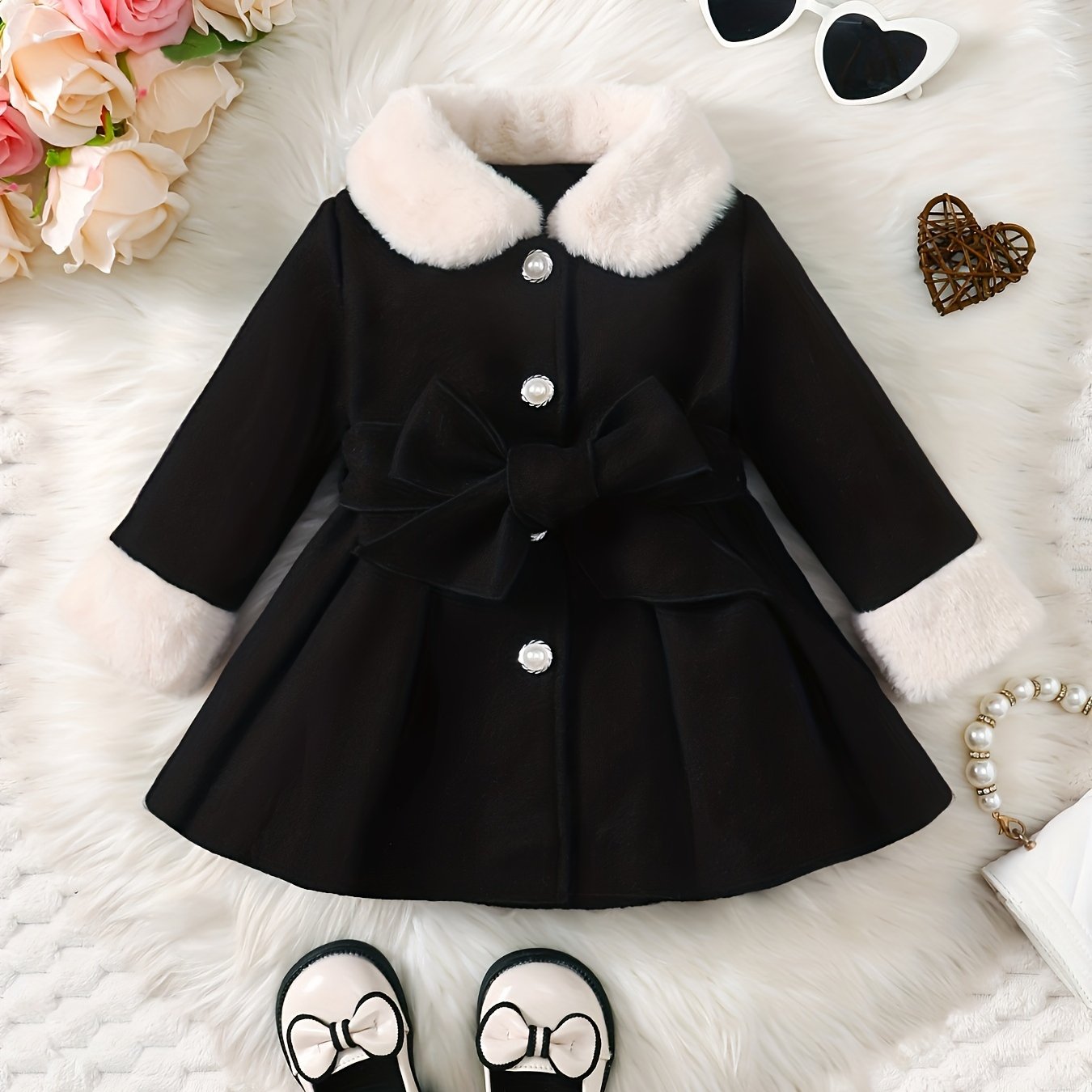 Baby's Elegant Fuzzy Collar Belted Coat, Button Front Warm Overcoat, Baby Girl's Clothing For Fall Winter Outdoor