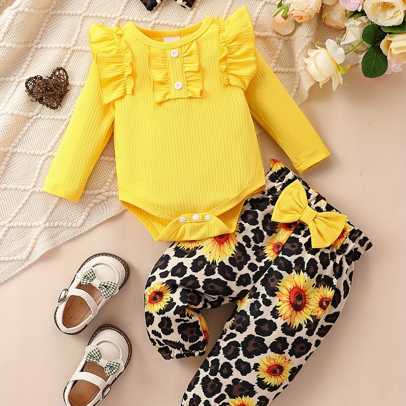Cute Baby 3pcs Outfits - Floral/leopard Pants & Ruffle Long Sleeve Infant Romper & Headband Set Outdoor Set