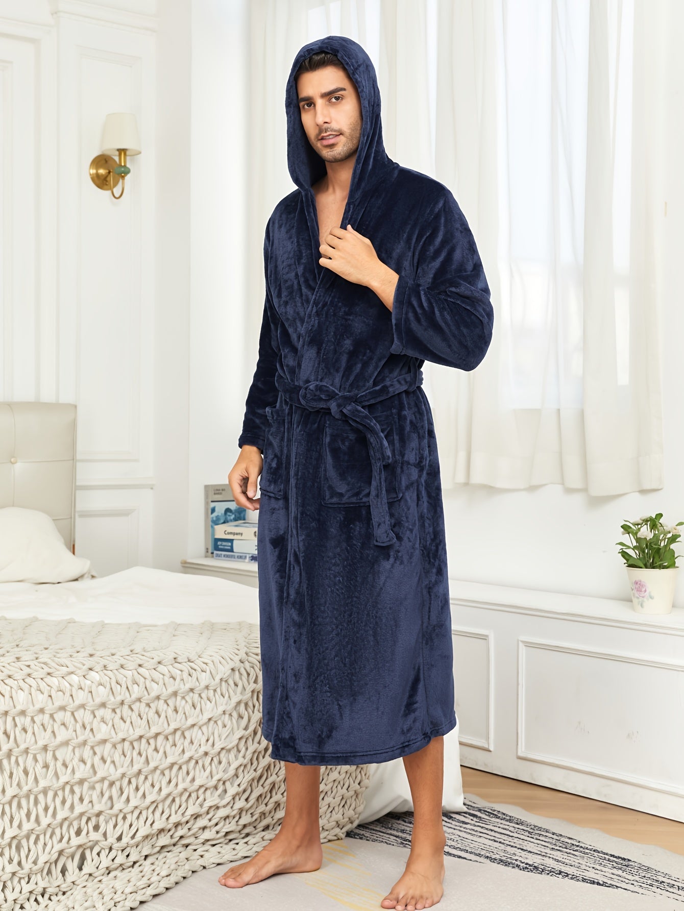Ultra-Soft Flannel Double Layer Hooded Bathrobe for Men - Breathable, Comfy, Solid Color, with Belt, Perfect for Home Pajamas, Sleepwear, Night-Robe, After Bath Relaxation, Plush, Cozy, and Warm