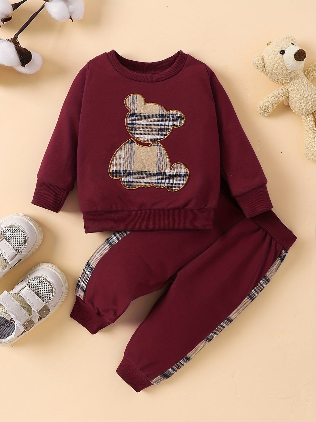Popular Baby Plaid Bear Embroidery Set - Sweatshirt Tops Pants
