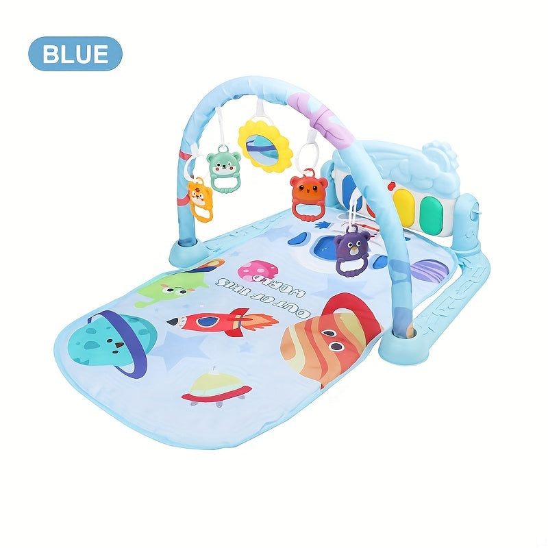 Multifunctional Baby Play Mat with Fitness Gym, Newborn Activity Playmat with Hanging Rattles, Music Box, Kick n Play Piano, Light-Up Keys, Animal & Space Theme, Non-Toxic Plastic, 0-3 Years