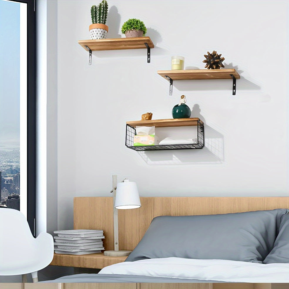 3pcs/set Wooden Floating Storage Rack, Wall-mounted Bathroom Partition Storage Shelves with Tissue Basket, Toilet Paper Iron Storage Basket, Home Organization and Storage Supplies, Bathroom Accessories