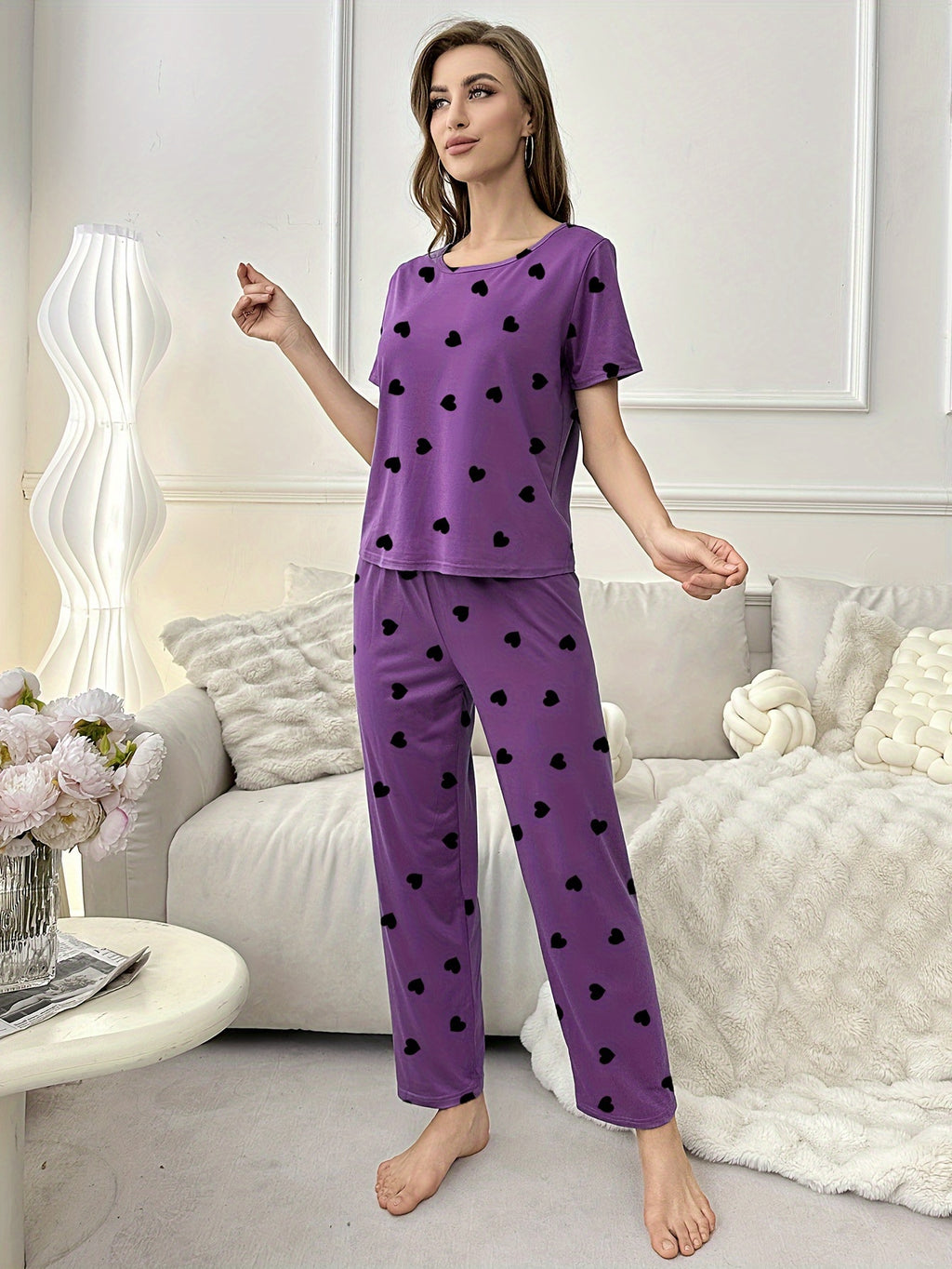 Women's Short Sleeve T-shirt & Long Pants Pajama Set, Love Heart Print, Comfortable Loungewear, Home Wear, Casual Outfit, Available For Outdoor Use