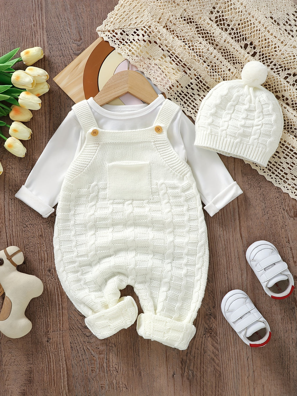Infant Baby Wool Knitted Suspender Jumpsuit, Long Legs Climbing Suit With Hat Set Without Lining