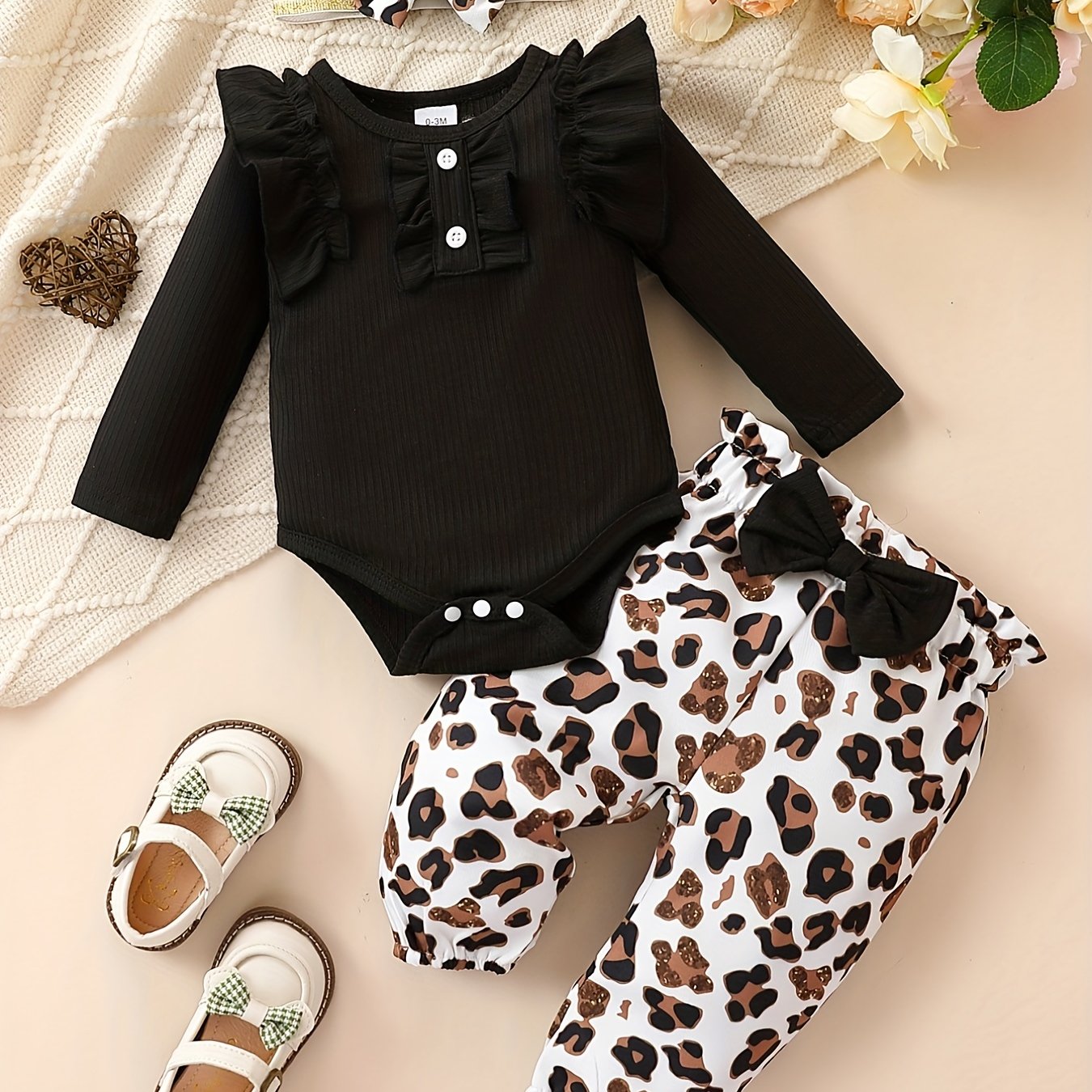 Cute Baby 3pcs Outfits - Floral/leopard Pants & Ruffle Long Sleeve Infant Romper & Headband Set Outdoor Set