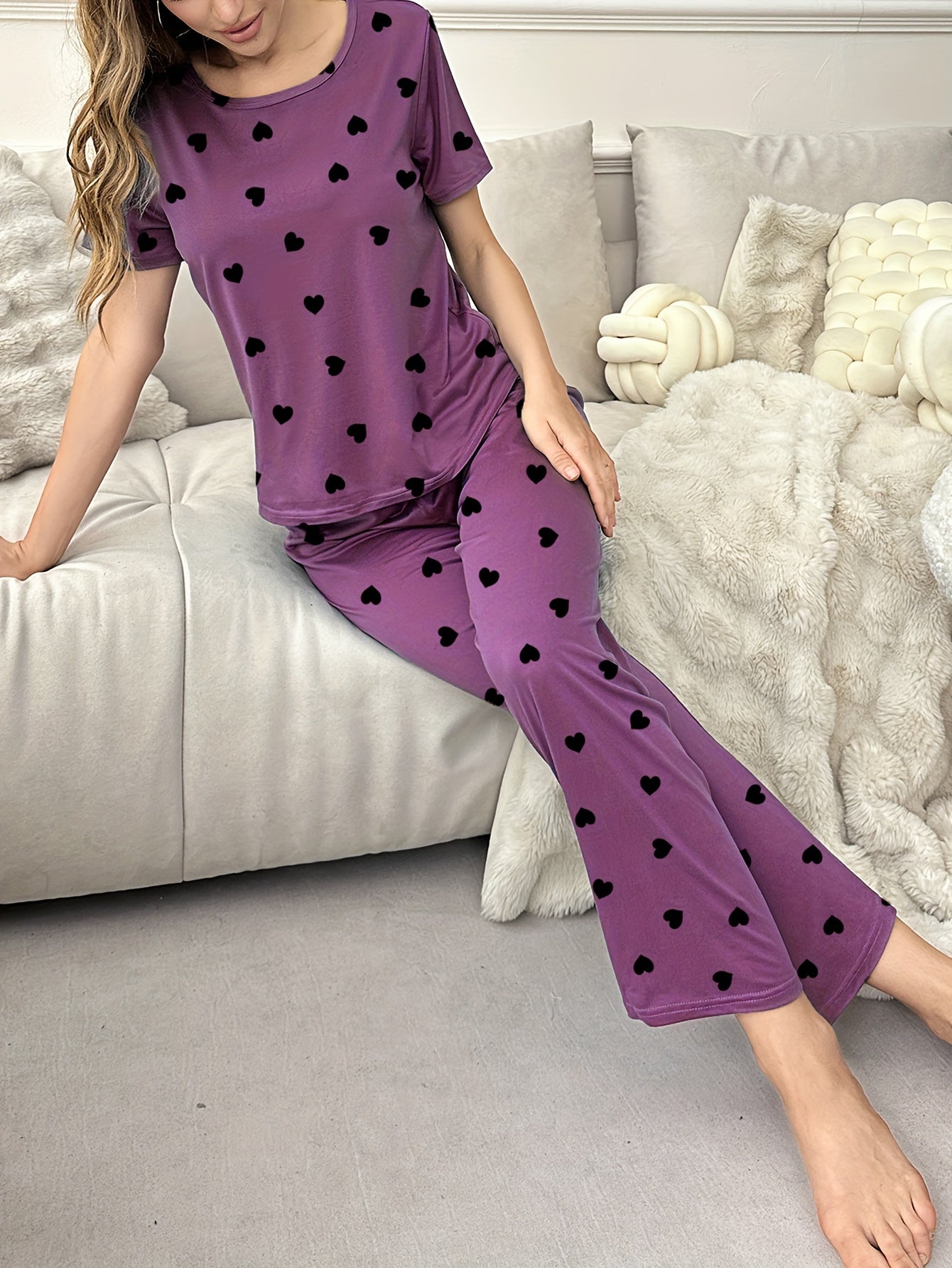 Women's Short Sleeve T-Shirt And Pants Pajama Set, Love Heart Print, Loungewear, Sleepwear, Casual Home Wear, Comfy Basic Style