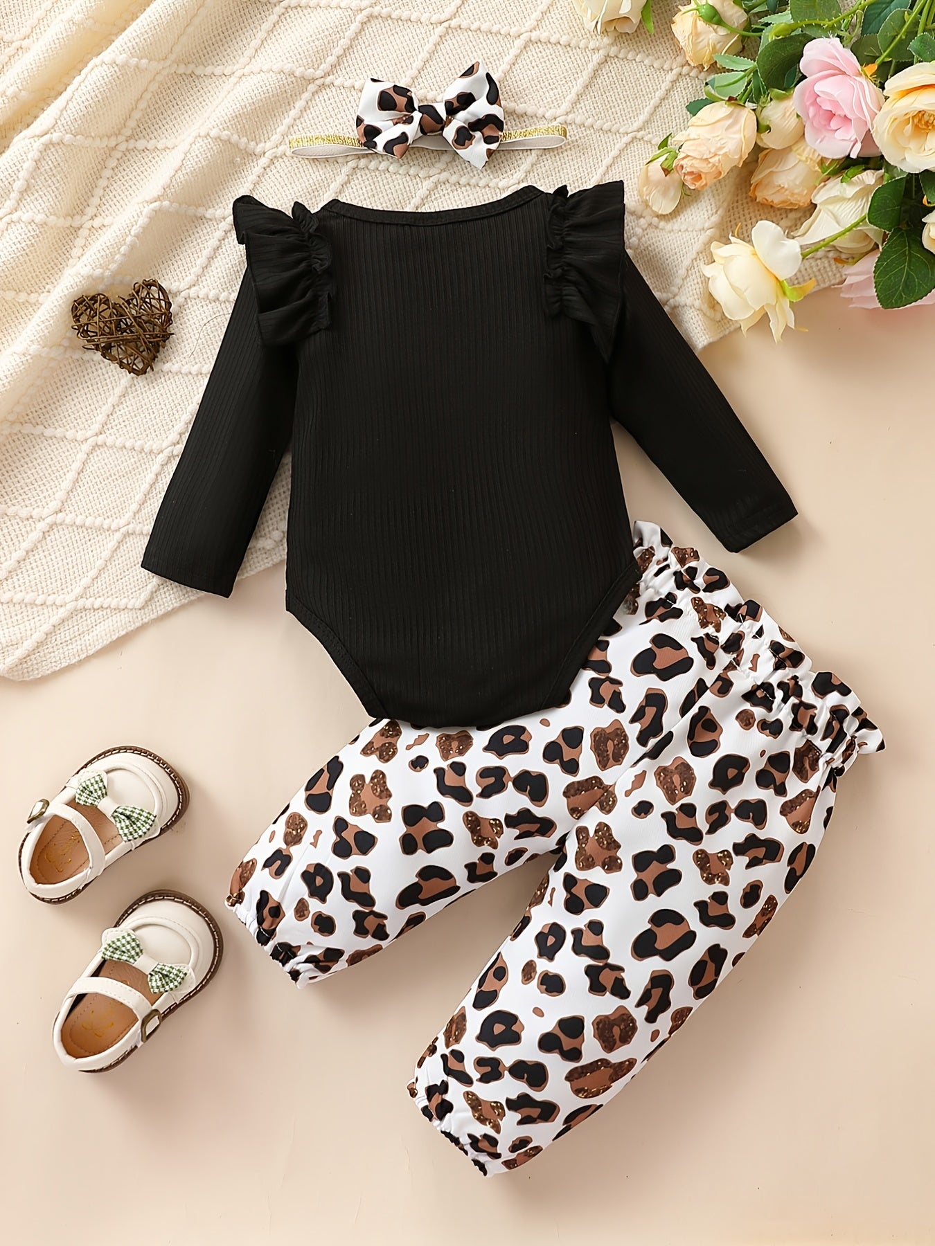 Cute Baby 3pcs Outfits - Floral/leopard Pants & Ruffle Long Sleeve Infant Romper & Headband Set Outdoor Set