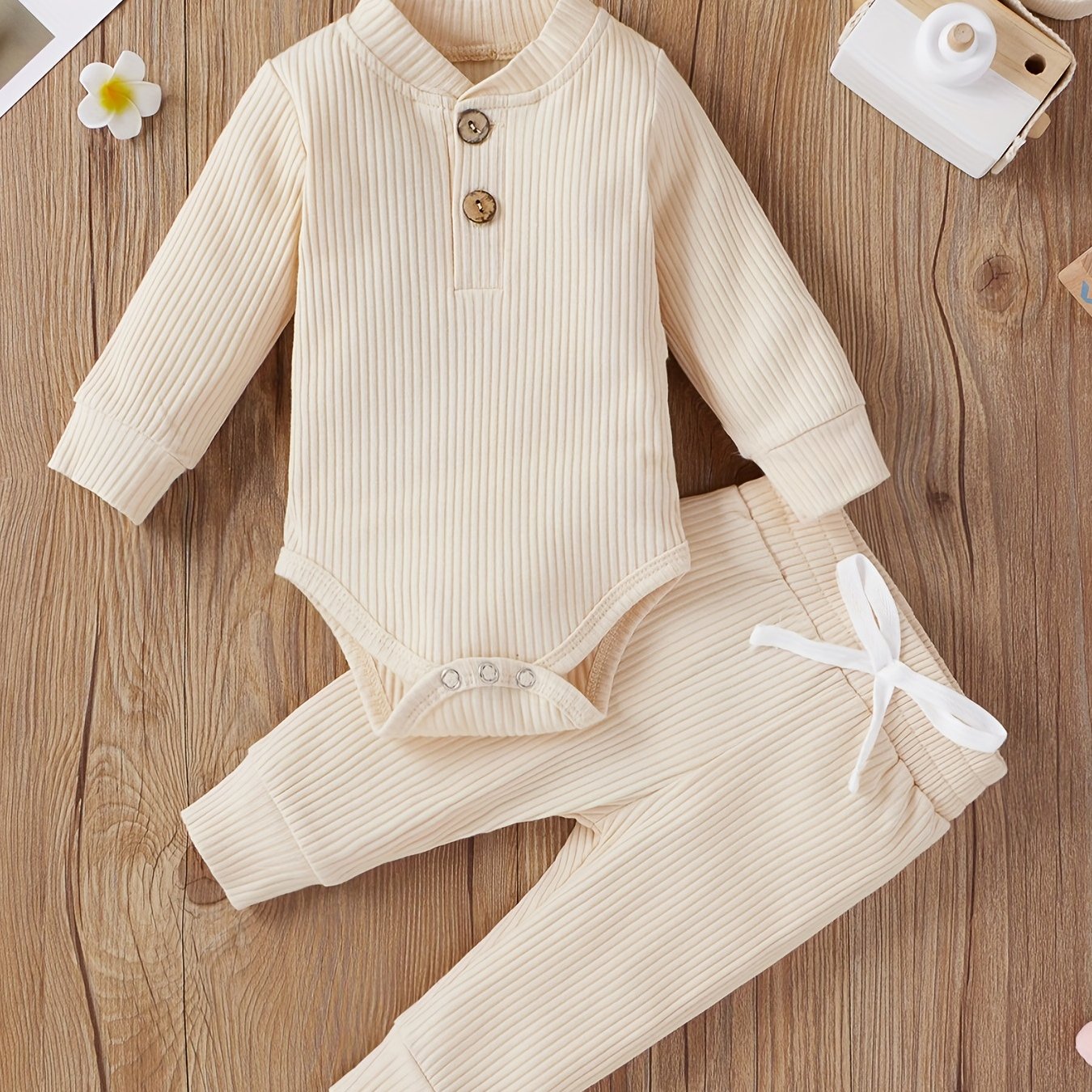2pcs Baby Infant Boys And Girls Casual Plain Color Long Sleeve Onesie & Pants Set Clothes For Your Little One, Outdoor Cloth
