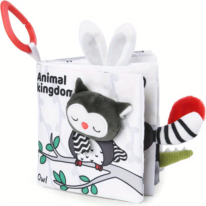 1pc BBSKY Soft Cloth Baby Book with 3D Animal Tails, Sensory Touch and Feel Educational Board Book, Anti-Tear, Polyester Material for Early Learning and Development - Grey and White