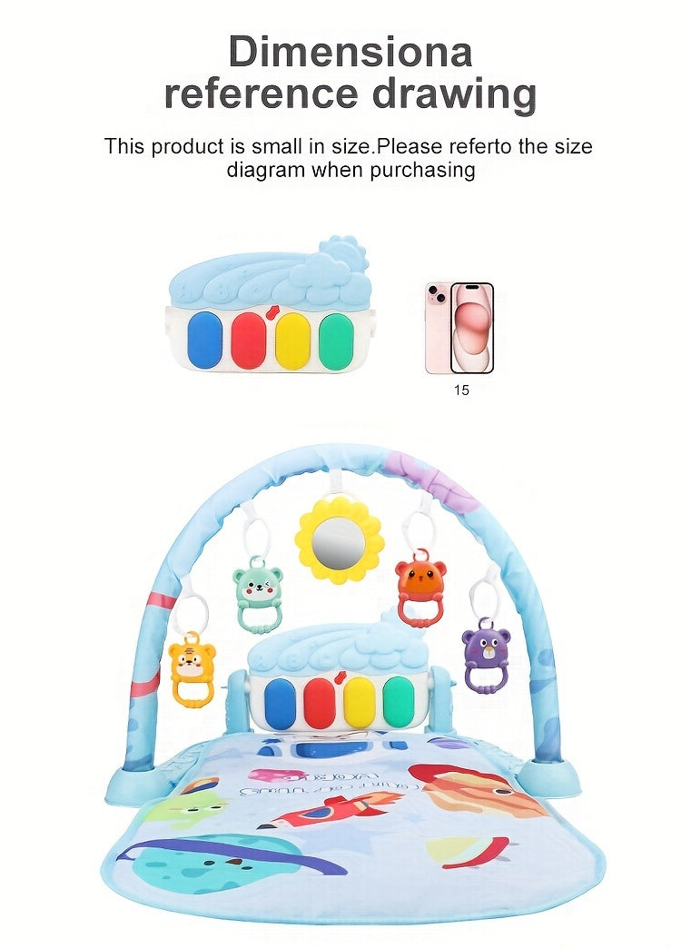 Multifunctional Baby Play Mat with Fitness Gym, Newborn Activity Playmat with Hanging Rattles, Music Box, Kick n Play Piano, Light-Up Keys, Animal & Space Theme, Non-Toxic Plastic, 0-3 Years