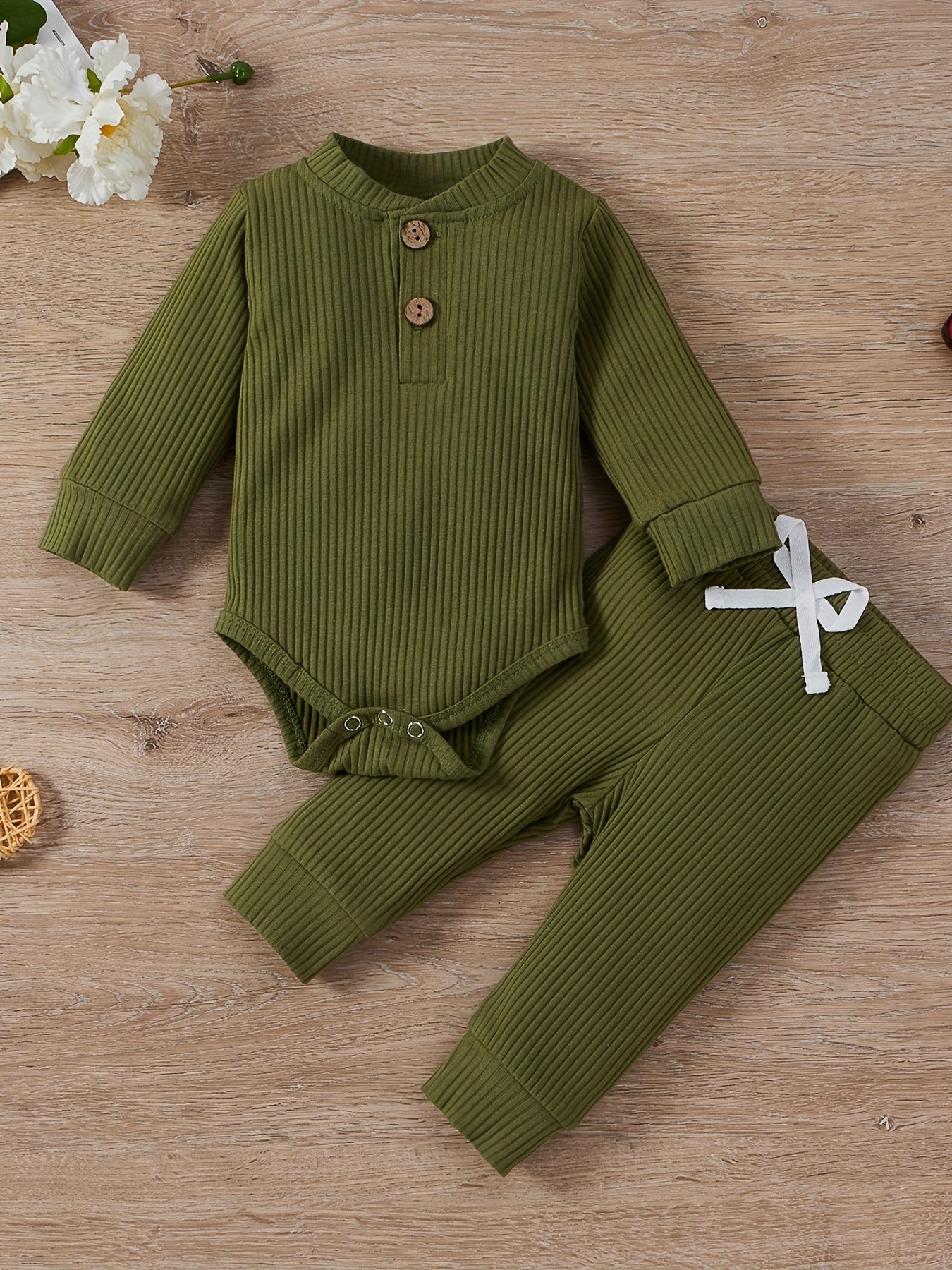 2pcs Baby Infant Boys And Girls Casual Plain Color Long Sleeve Onesie & Pants Set Clothes For Your Little One, Outdoor Cloth