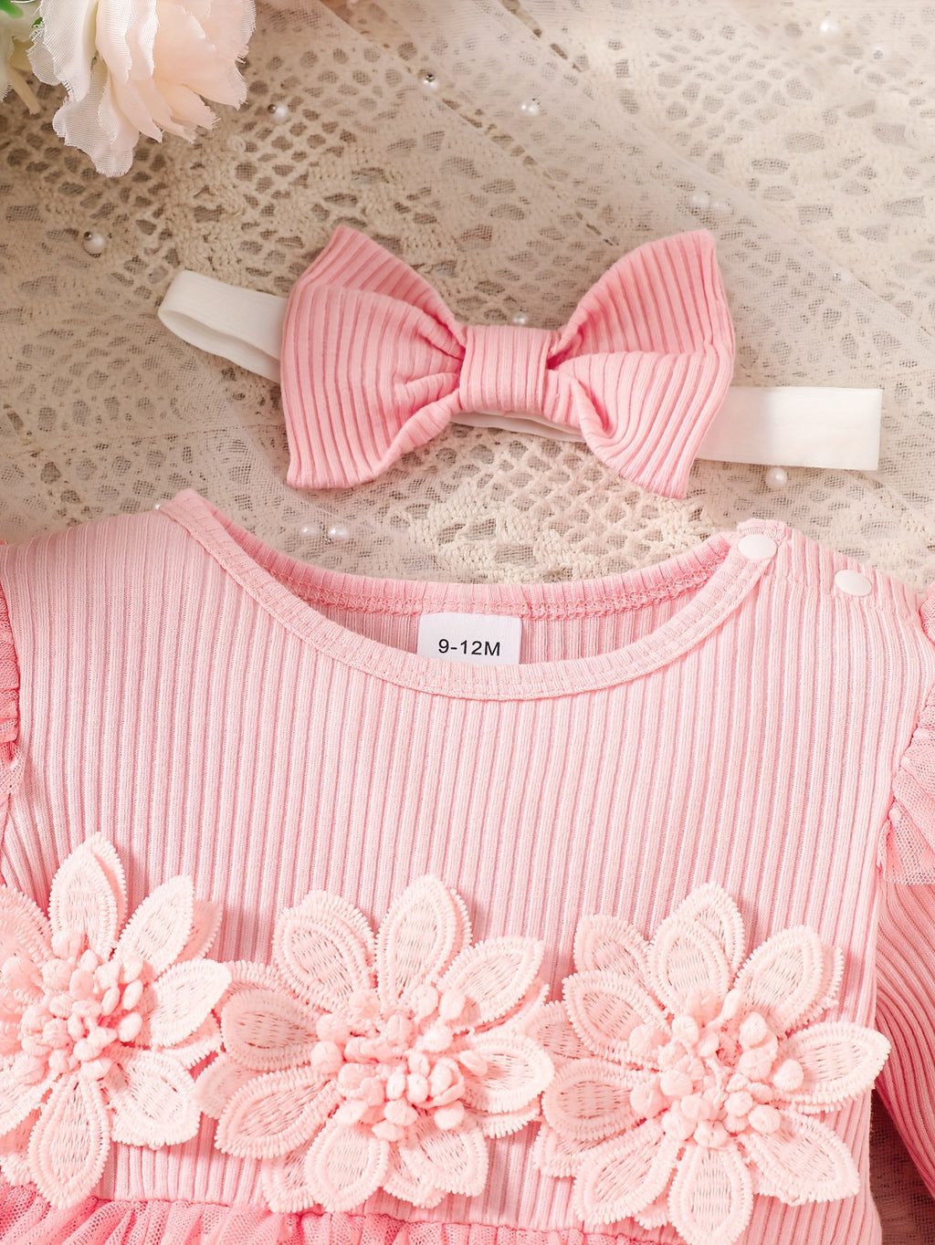 Infant Girls' Spring/Autumn Cotton Ribbed Tulle Dress with 3D Floral Appliques, Sweet Style, Solid Color, Slim Fit, Knit Fabric, with Matching Headband - Baby Outfit, For Outdoor