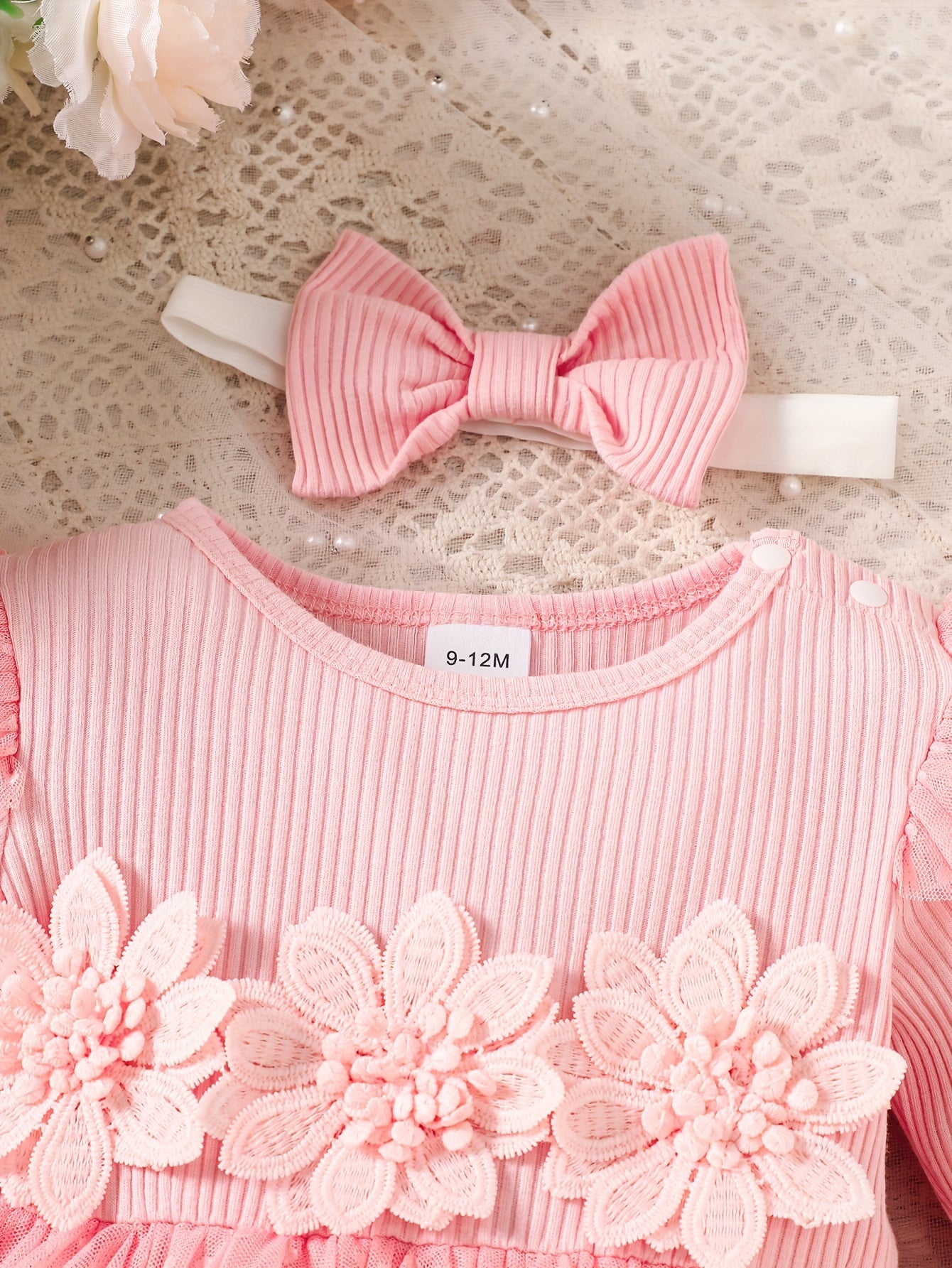 Infant Girls' Spring/Autumn Cotton Ribbed Tulle Dress with 3D Floral Appliques, Sweet Style, Solid Color, Slim Fit, Knit Fabric, with Matching Headband - Baby Outfit, For Outdoor