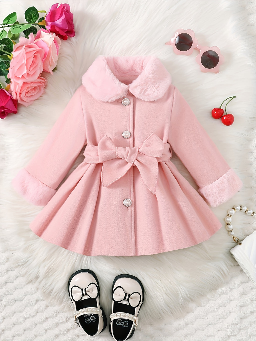 Baby's Elegant Fuzzy Collar Belted Coat, Button Front Warm Overcoat, Baby Girl's Clothing For Fall Winter Outdoor