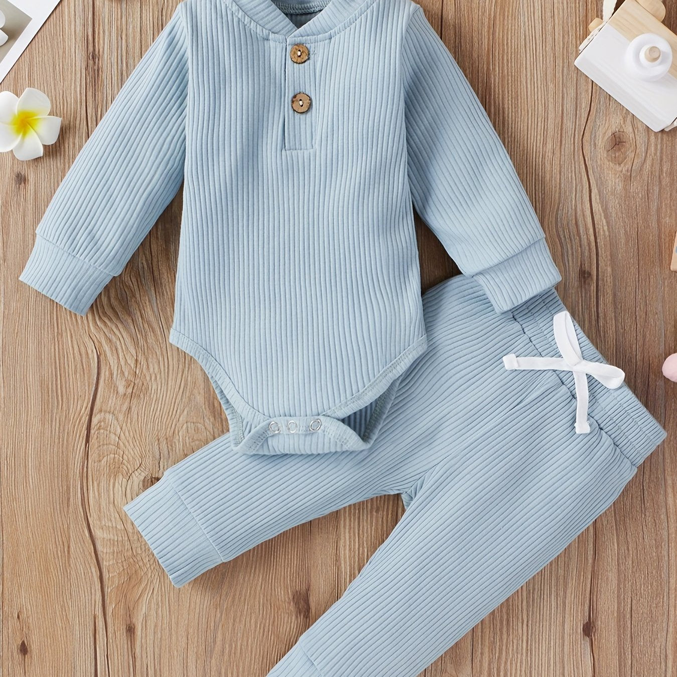 2pcs Baby Infant Boys And Girls Casual Plain Color Long Sleeve Onesie & Pants Set Clothes For Your Little One, Outdoor Cloth