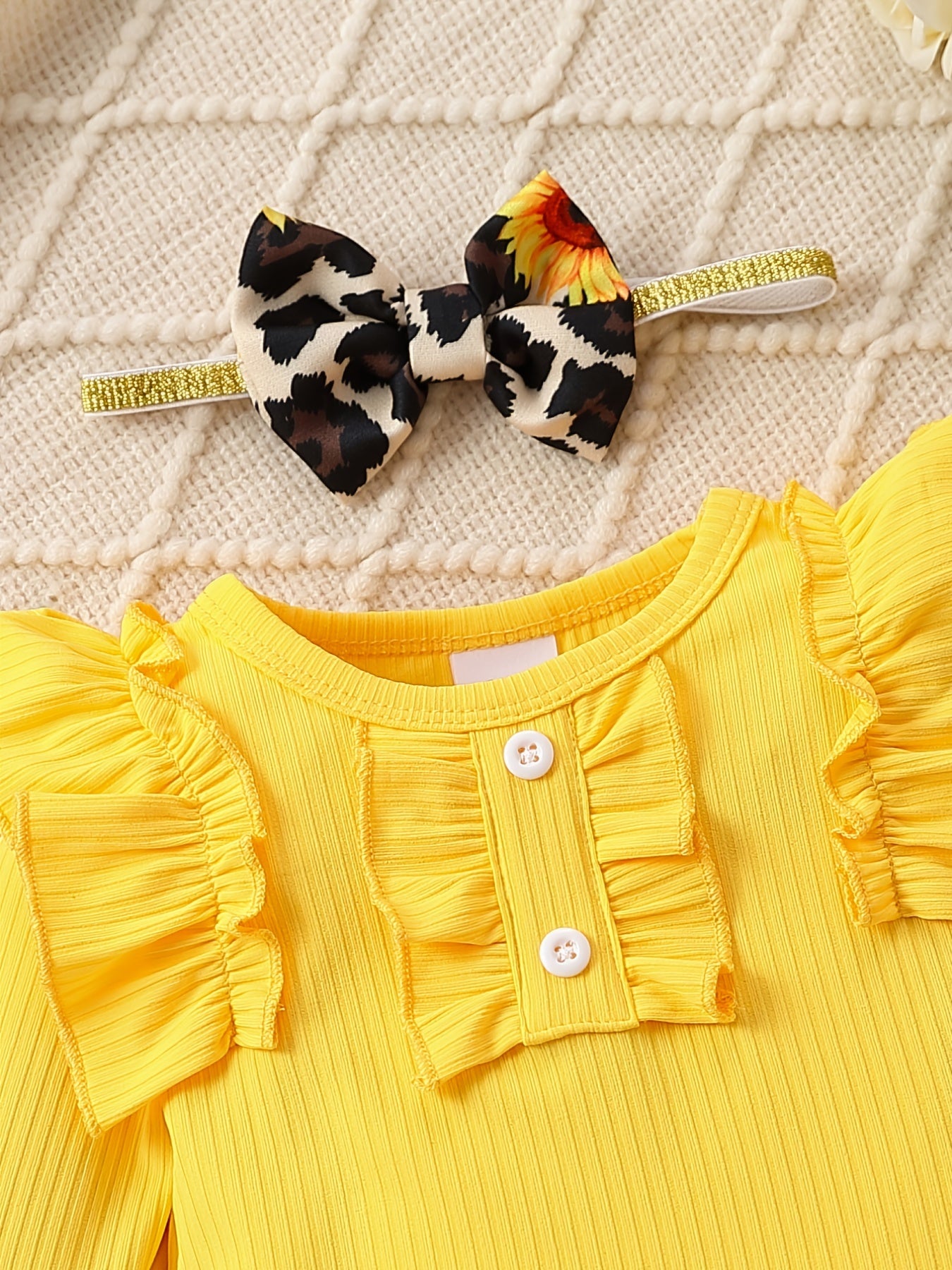 Cute Baby 3pcs Outfits - Floral/leopard Pants & Ruffle Long Sleeve Infant Romper & Headband Set Outdoor Set