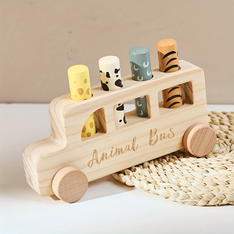 [Colorful Cartoon Toy] Colorful Wooden Baby Educational Cartoon Toy Car Set | Children's Cartoon Bouncy Toy Car, Push-Pull Press Toys | Souvenir Gifts for Babies, Christmas Halloween Easter Gifts