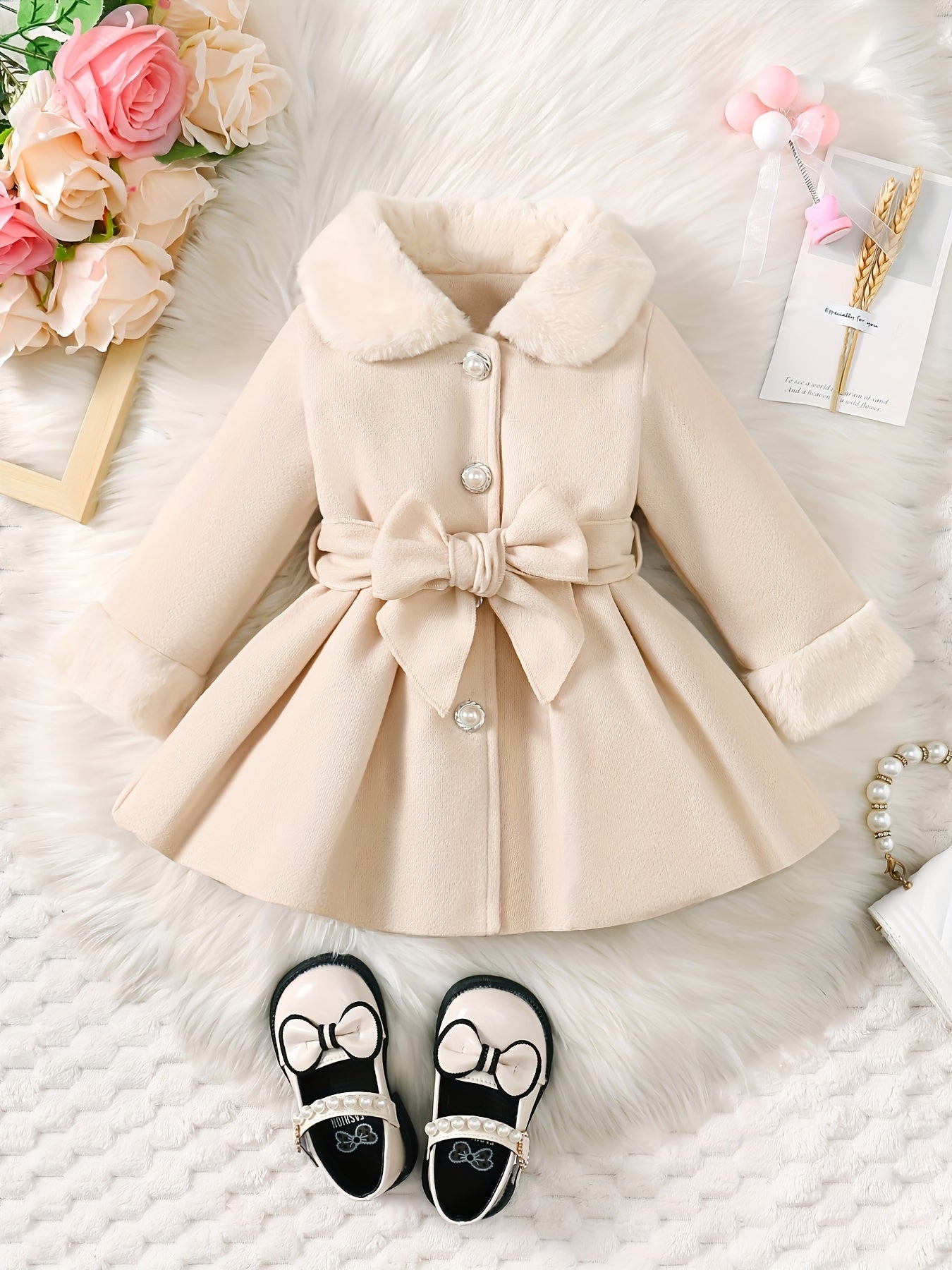 Baby's Elegant Fuzzy Collar Belted Coat, Button Front Warm Overcoat, Baby Girl's Clothing For Fall Winter Outdoor