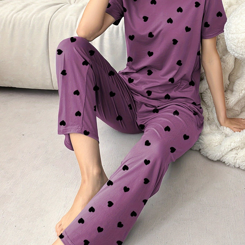 Women's Short Sleeve T-Shirt And Pants Pajama Set, Love Heart Print, Loungewear, Sleepwear, Casual Home Wear, Comfy Basic Style
