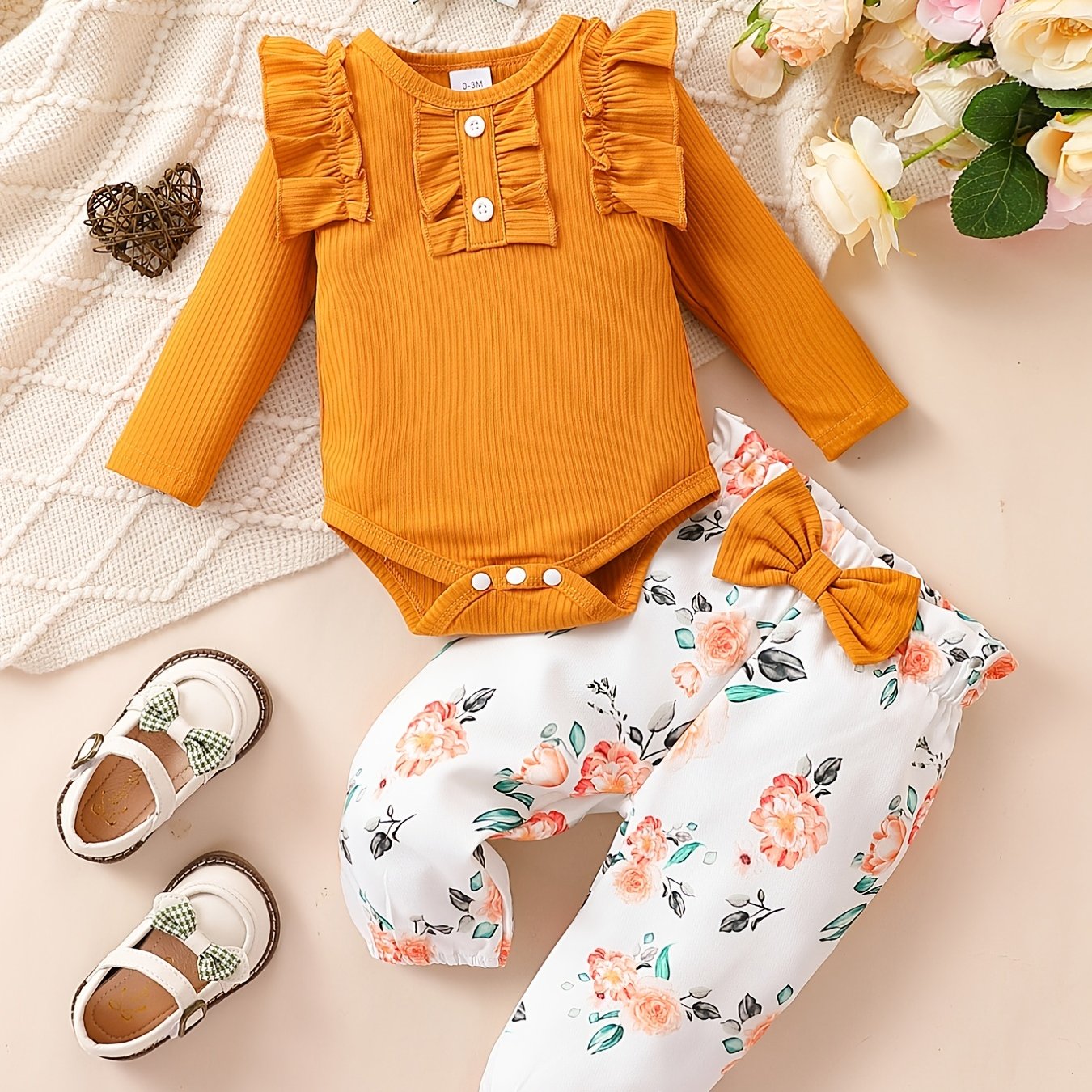 Cute Baby 3pcs Outfits - Floral/leopard Pants & Ruffle Long Sleeve Infant Romper & Headband Set Outdoor Set