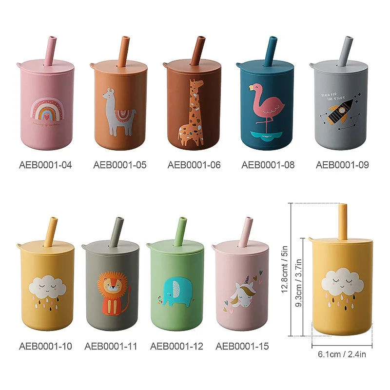 Baby Feeding Straw Cup Baby Cartoon Learning Feeding Cup Food Grade Silicone Toddler Water Bottle Tableware BPA Free Baby Gifts