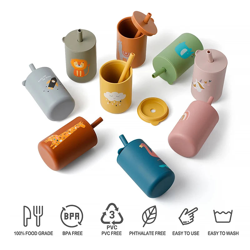 Baby Feeding Straw Cup Baby Cartoon Learning Feeding Cup Food Grade Silicone Toddler Water Bottle Tableware BPA Free Baby Gifts