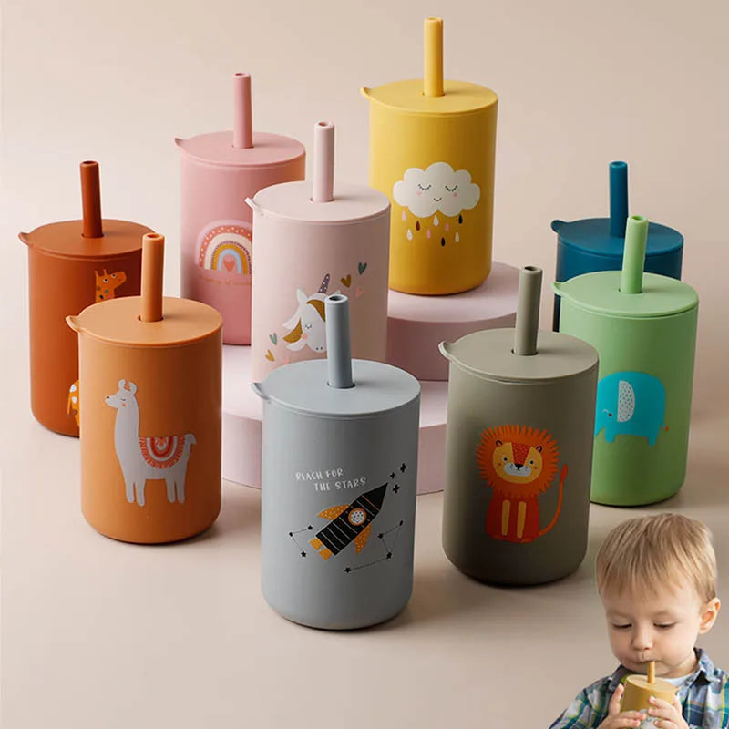 Baby Feeding Straw Cup Baby Cartoon Learning Feeding Cup Food Grade Silicone Toddler Water Bottle Tableware BPA Free Baby Gifts