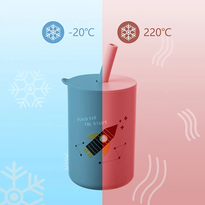 Baby Feeding Straw Cup Baby Cartoon Learning Feeding Cup Food Grade Silicone Toddler Water Bottle Tableware BPA Free Baby Gifts