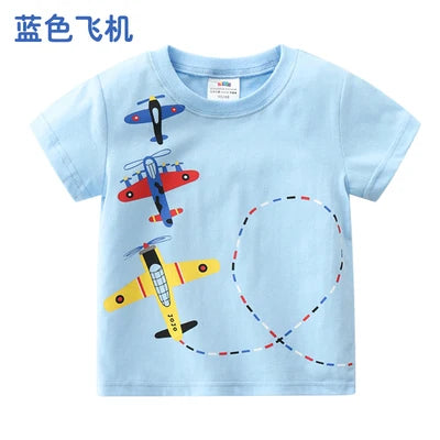 2025 Summer 2 3 4 5 6 8 10 Children's Clothing Dinosaur Car Stripe Print Short Sleeve Cotton Basic Tops Kids Boy Cartoon T-Shirt