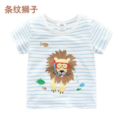 2025 Summer 2 3 4 5 6 8 10 Children's Clothing Dinosaur Car Stripe Print Short Sleeve Cotton Basic Tops Kids Boy Cartoon T-Shirt