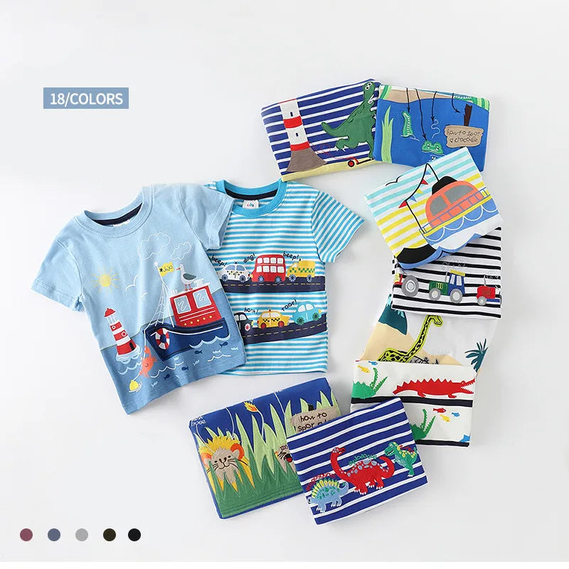 2025 Summer 2 3 4 5 6 8 10 Children's Clothing Dinosaur Car Stripe Print Short Sleeve Cotton Basic Tops Kids Boy Cartoon T-Shirt