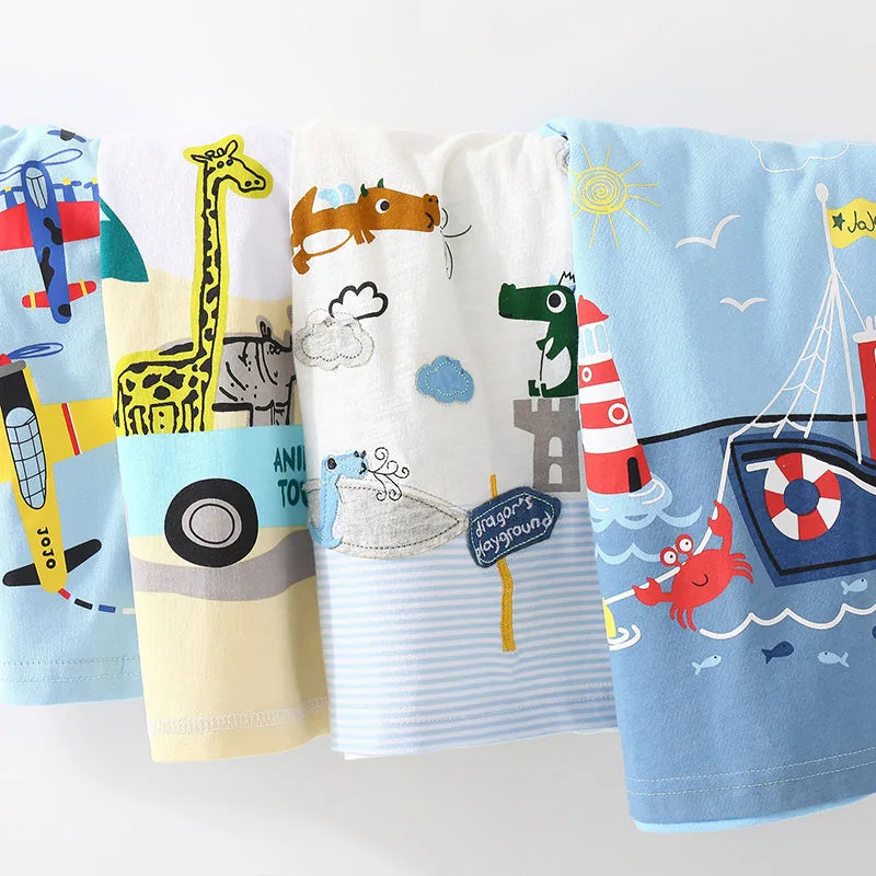 2025 Summer 2 3 4 5 6 8 10 Children's Clothing Dinosaur Car Stripe Print Short Sleeve Cotton Basic Tops Kids Boy Cartoon T-Shirt