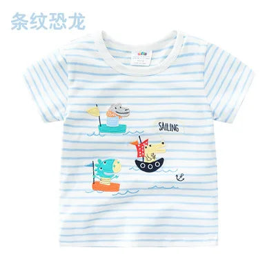 2025 Summer 2 3 4 5 6 8 10 Children's Clothing Dinosaur Car Stripe Print Short Sleeve Cotton Basic Tops Kids Boy Cartoon T-Shirt