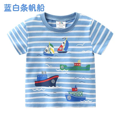 2025 Summer 2 3 4 5 6 8 10 Children's Clothing Dinosaur Car Stripe Print Short Sleeve Cotton Basic Tops Kids Boy Cartoon T-Shirt