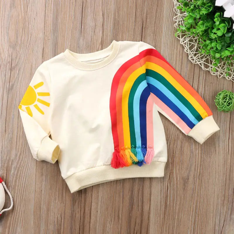 2020 Brand New Toddler Infant Girl Kid Rainbow Tassel T-Shirt Tops Clothes Colorful Sweater Sweatshirt Cardigan Casual Warm Tops