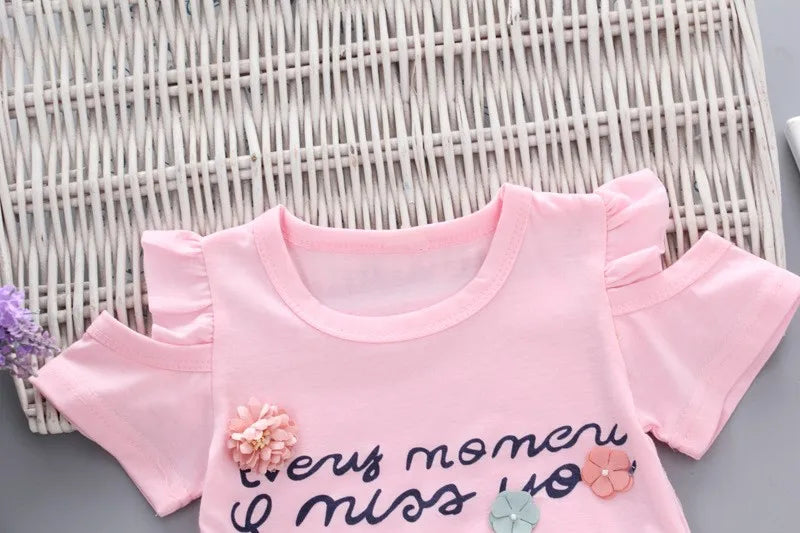 Baby Girls Clothes Floral Printed Short Sleeve Strapless T-shirt+Pant 2Pcs Girl Set Kid Outfit Lady Suit Princess Child set A293