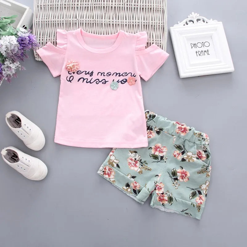 Baby Girls Clothes Floral Printed Short Sleeve Strapless T-shirt+Pant 2Pcs Girl Set Kid Outfit Lady Suit Princess Child set A293