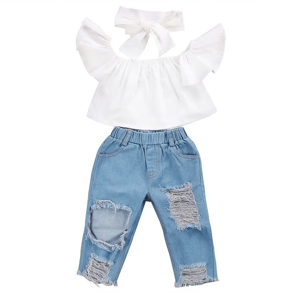2025 New Brand Toddler Infant Child Girl Kids Off Shoulder Tops Denim Pants Jeans Outfits Headband 3Pcs Set Fashion Clothes 1-6Y