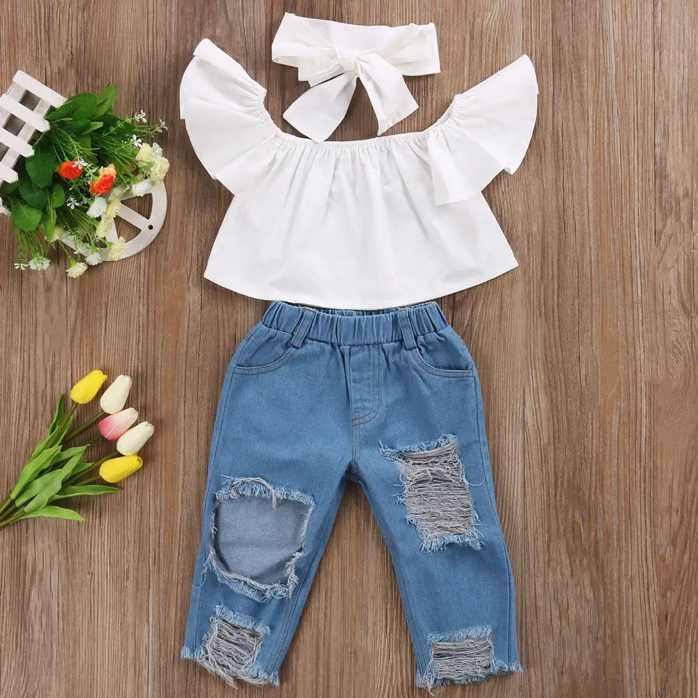 2025 New Brand Toddler Infant Child Girl Kids Off Shoulder Tops Denim Pants Jeans Outfits Headband 3Pcs Set Fashion Clothes 1-6Y