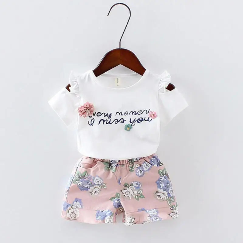 Baby Girls Clothes Floral Printed Short Sleeve Strapless T-shirt+Pant 2Pcs Girl Set Kid Outfit Lady Suit Princess Child set A293