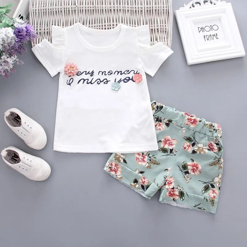 Baby Girls Clothes Floral Printed Short Sleeve Strapless T-shirt+Pant 2Pcs Girl Set Kid Outfit Lady Suit Princess Child set A293